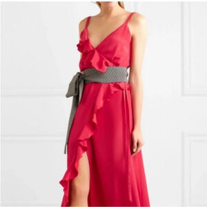 Racil Geisha Ruffled Silk Wrap Maxi Long Dress Red